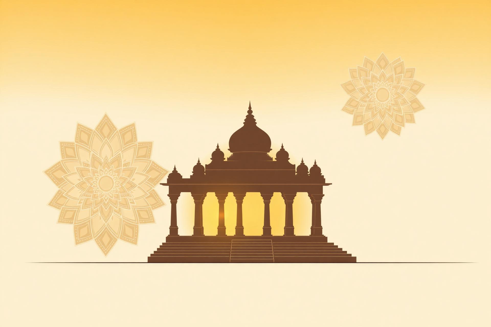 Ancient Indian temple silhouette at sunrise with lotus mandala motifs